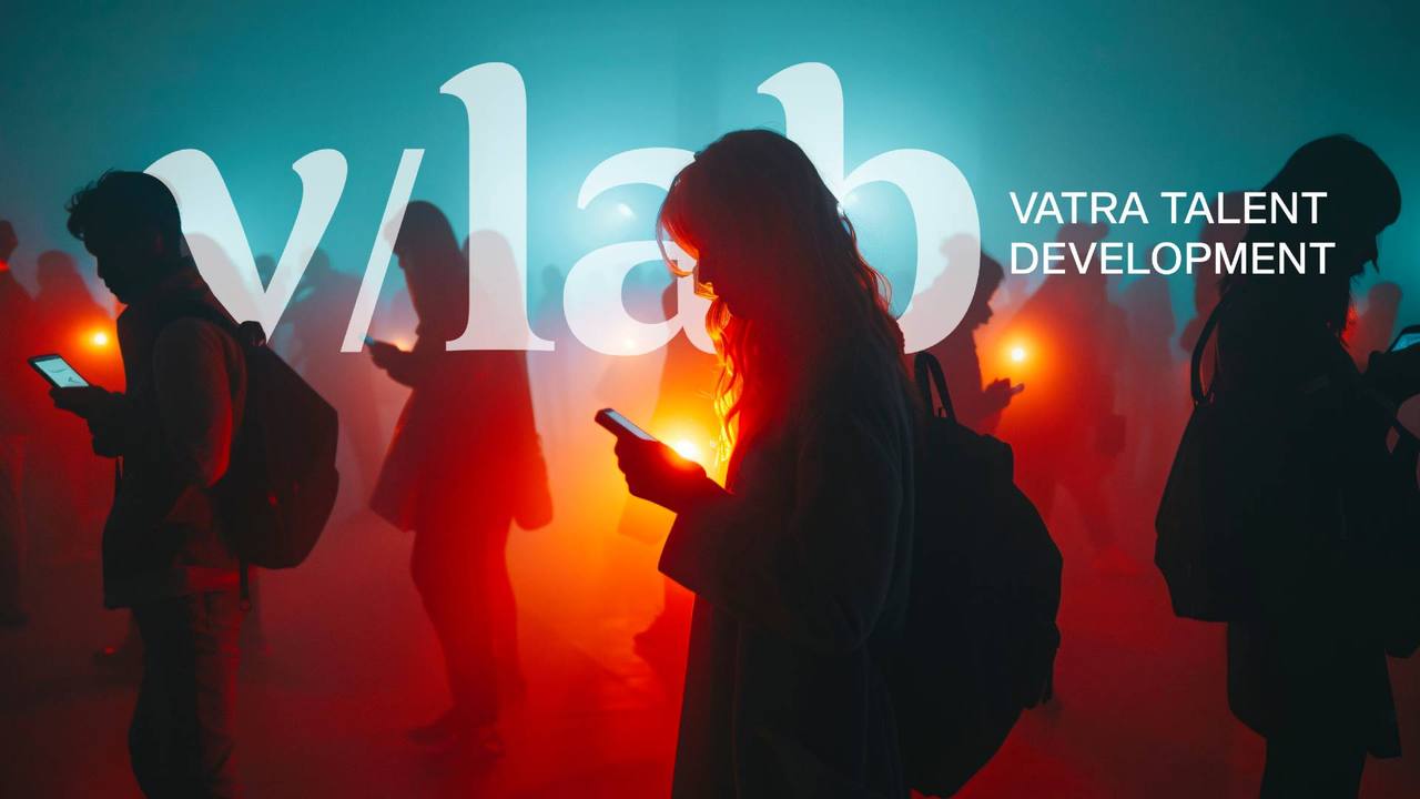 Silhuetter av människor som tittar på sina telefoner under v/lab-logotypen, Vatra Talent Development